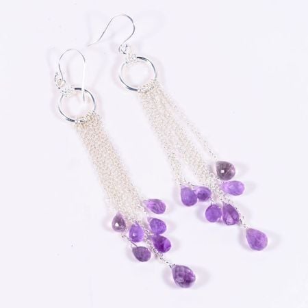 Silver Plated Brass Drop Dangle Earrings with Amethyst Gemstone